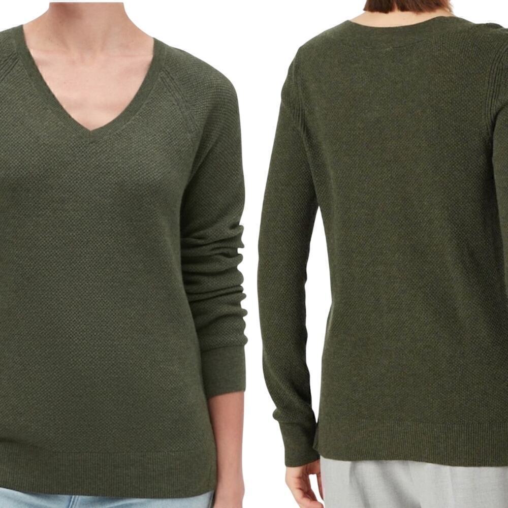 GAP Bella V Neck Pull Over Olive Green Heather Textured Pullover Sweater Small